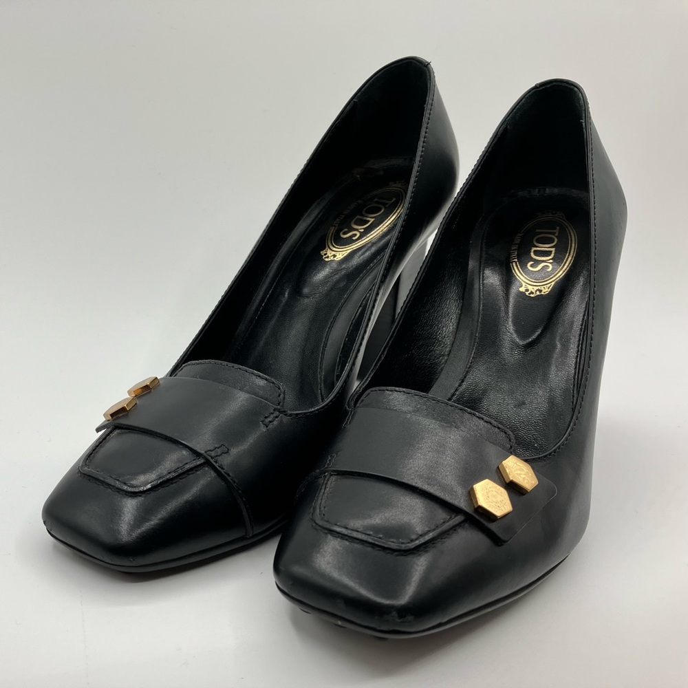 Tod`s Black Leather Square Toe Heels Size 35/5 - Picture 4 of 13